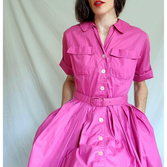 1950s Vintage Shirtwaist Dress: Hot Pink Pleated Cotton Day Dress, Womens - Picture 2 of 13